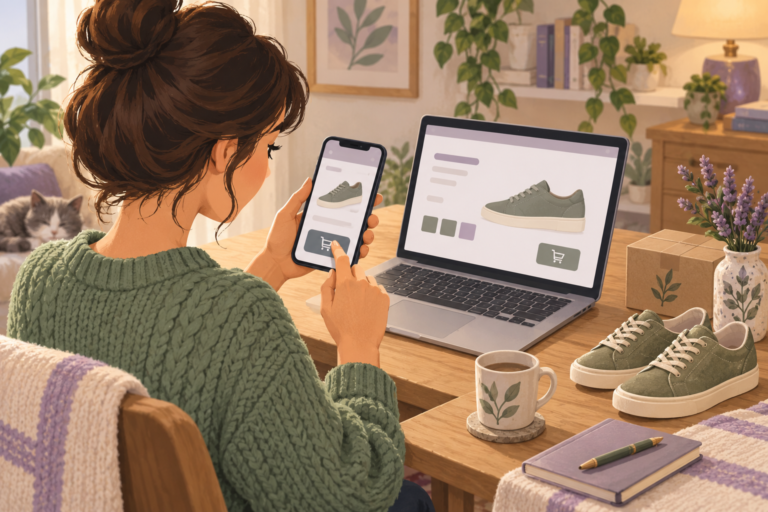 Illustrated shopper comparing a shoe purchase on a smartphone and laptop