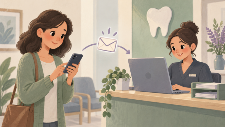 Illustration of a patient sending a dental appointment request from a phone to a receptionist at a laptop.