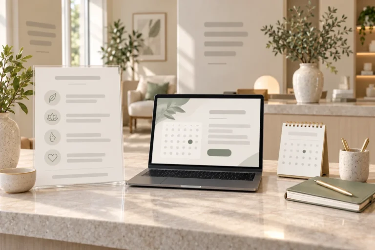 Medspa reception desk with service information, appointment calendar and a laptop booking page