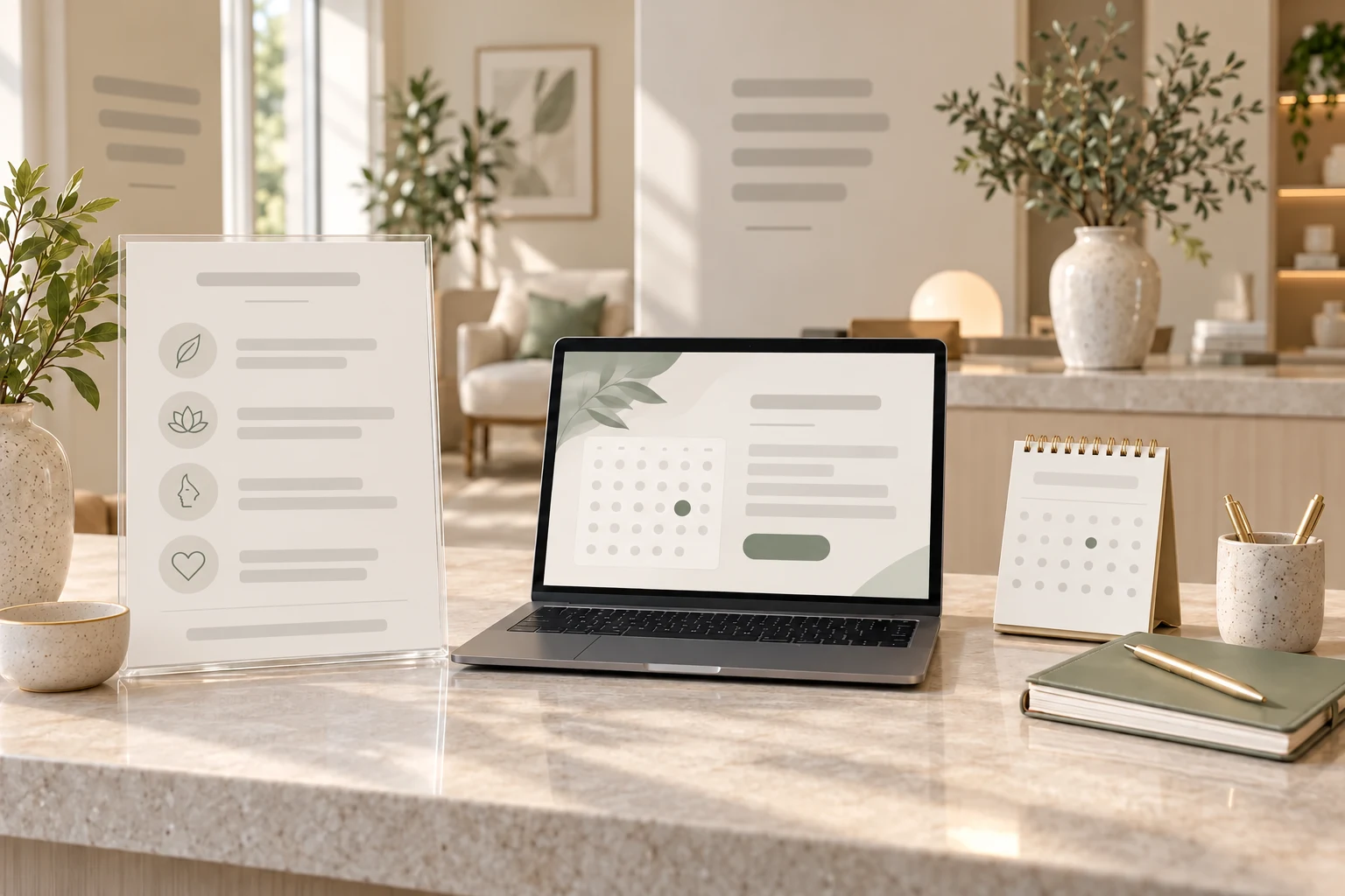 Medspa reception desk with service information, appointment calendar and a laptop booking page