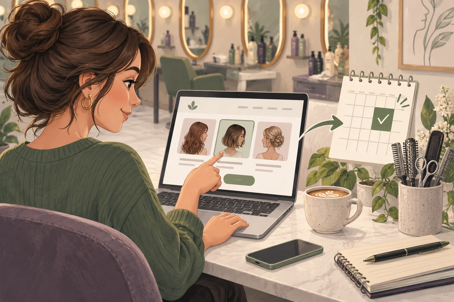 Illustrated salon client selecting a hairstyle service on a website beside a checked appointment calendar