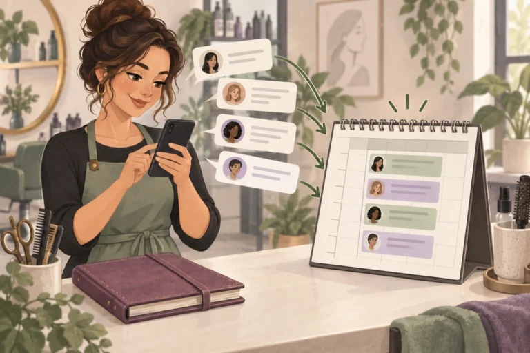 Illustrated salon owner moving four message conversations into separate appointments on one calendar