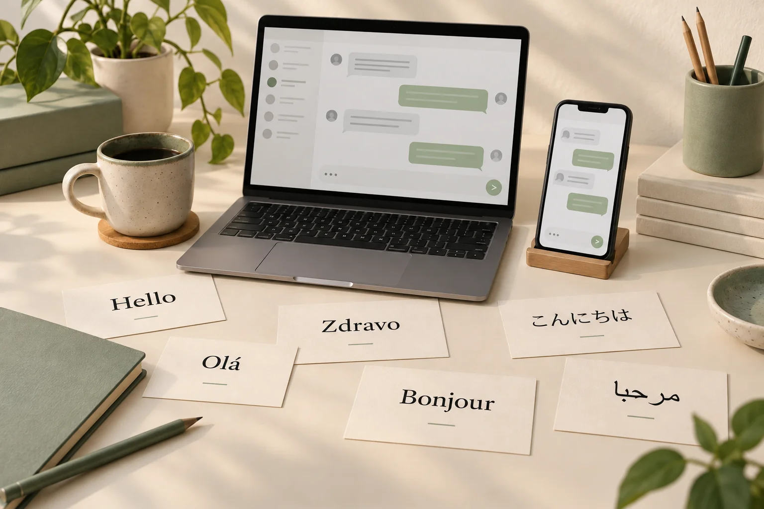 Greeting cards in six languages beside generic laptop and phone chat screens