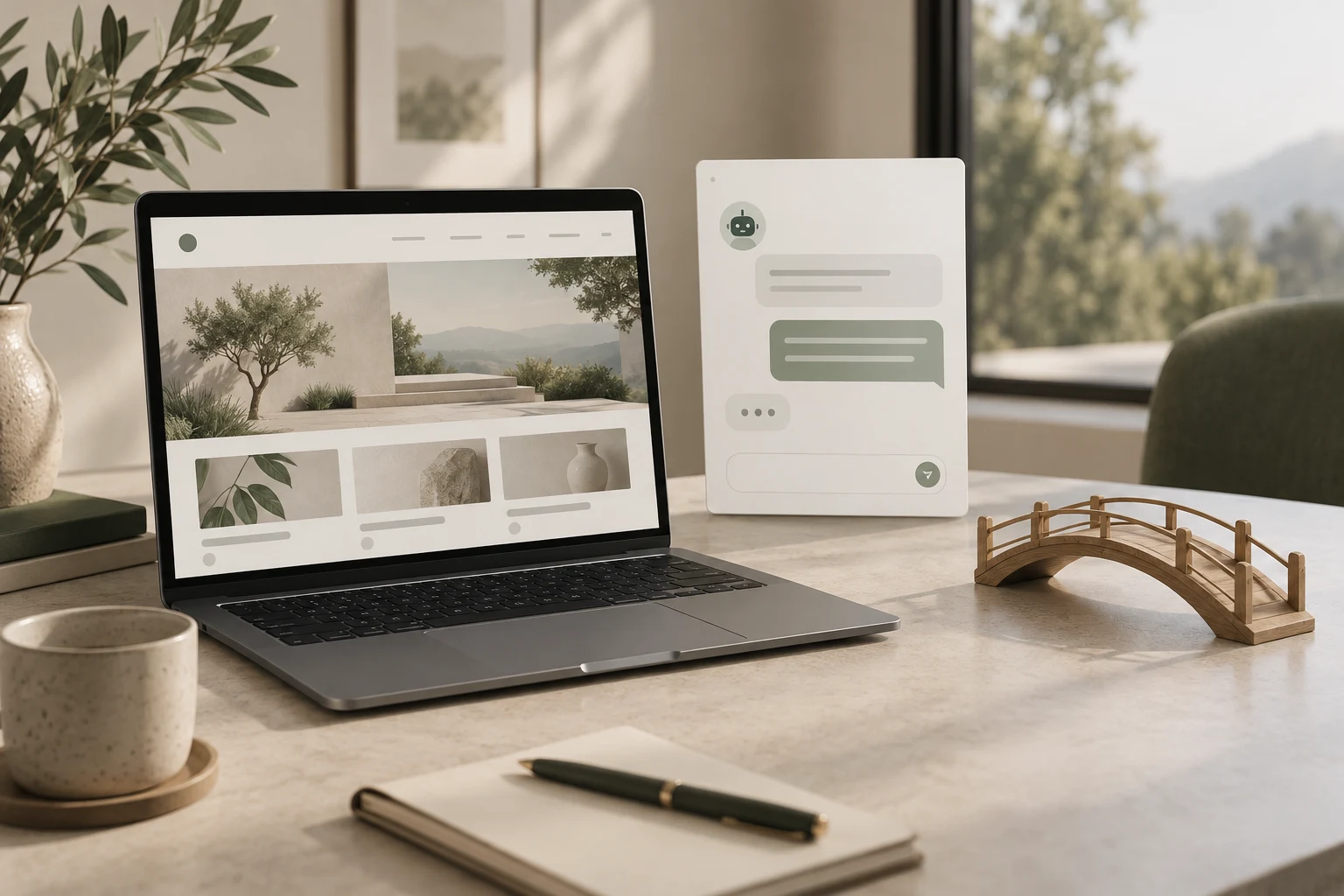 Website laptop with a conversation panel and an optional connector resting beside it
