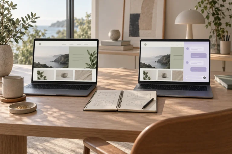 Two laptops with business website layouts and a conversation panel