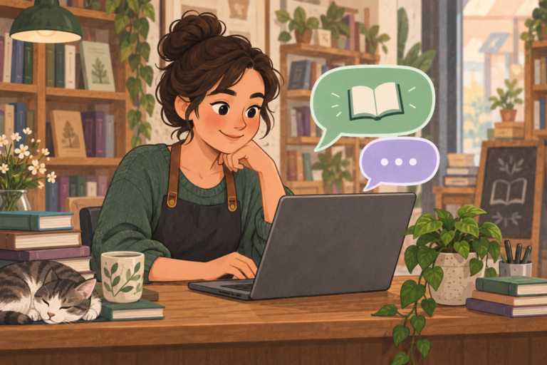 Illustrated bookshop owner at a laptop beside green and violet conversation bubbles with a book symbol