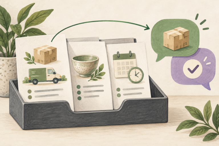 Illustrated delivery, product and service pages connected to a parcel reply in conversation bubbles