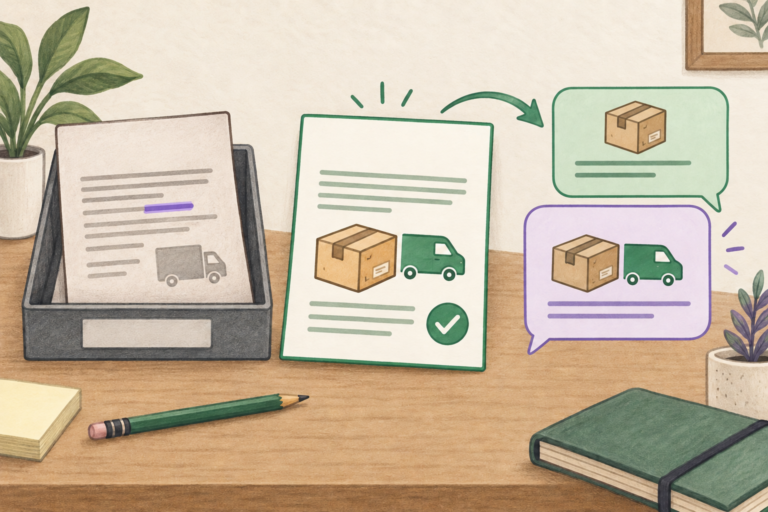Illustrated updated delivery document replacing an older source and feeding a parcel reply into conversation bubbles