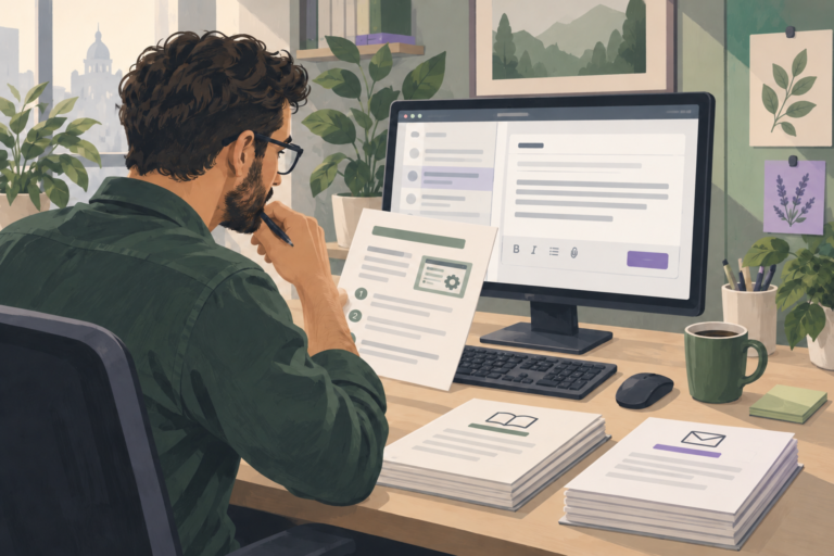 Illustrated support specialist checking a help guide against a reply draft