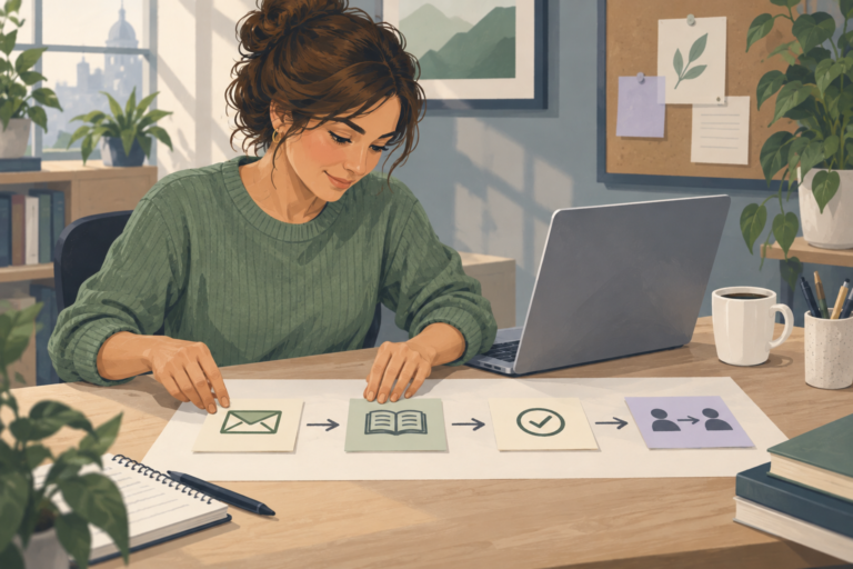 Illustrated support operator arranging request cards into a four-step workflow