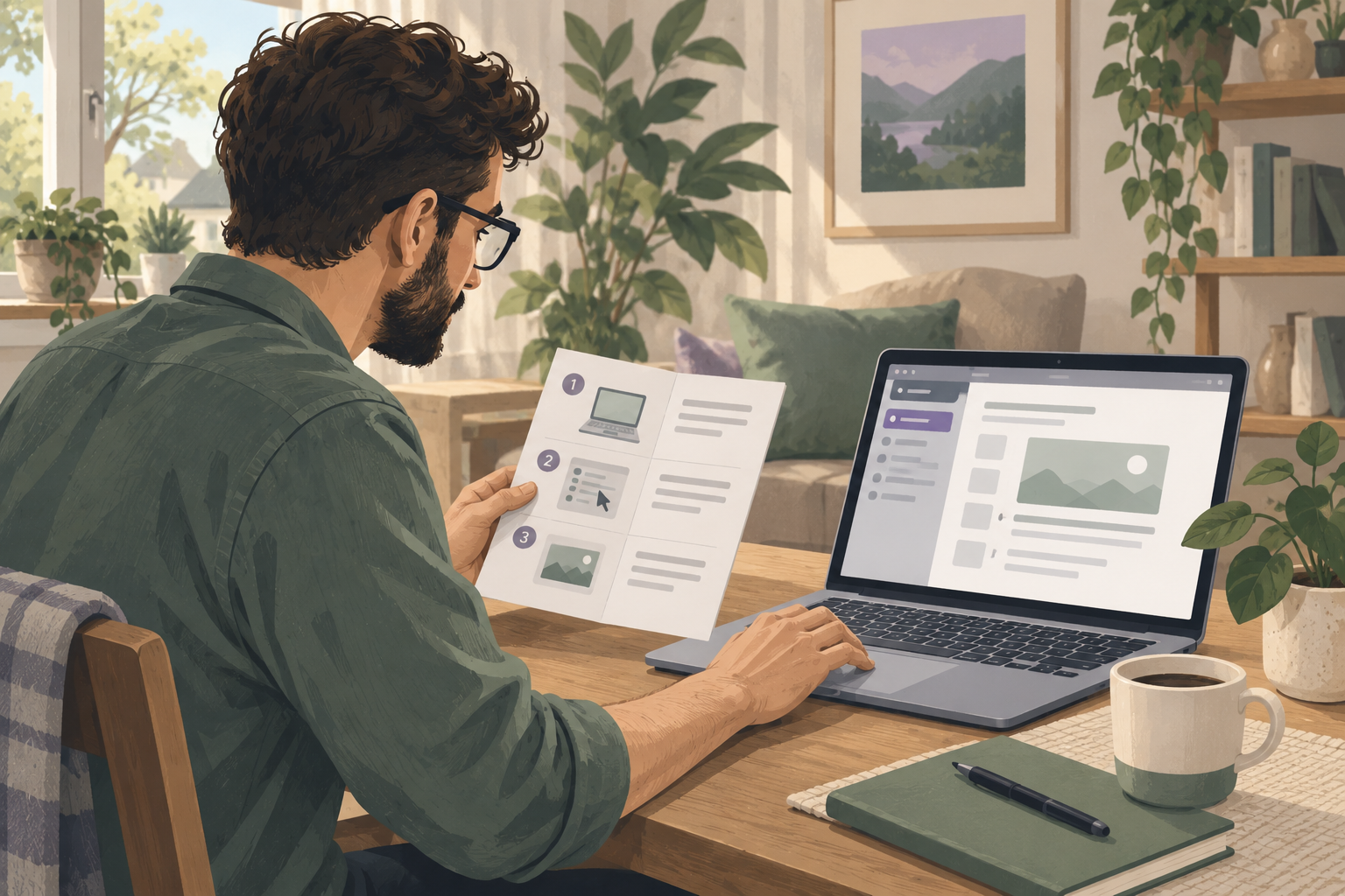 Illustrated software customer following a help guide beside a laptop