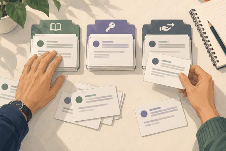 Illustrated hands sorting support request cards into three groups