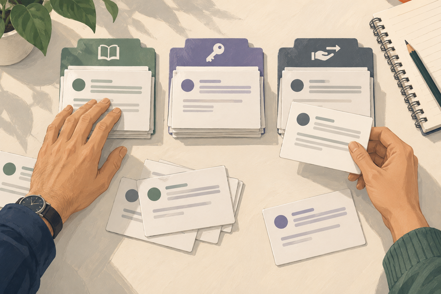 Illustrated hands sorting support request cards into three groups