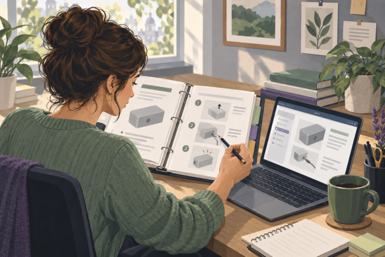 Illustrated documentation editor comparing a printed guide with a help page