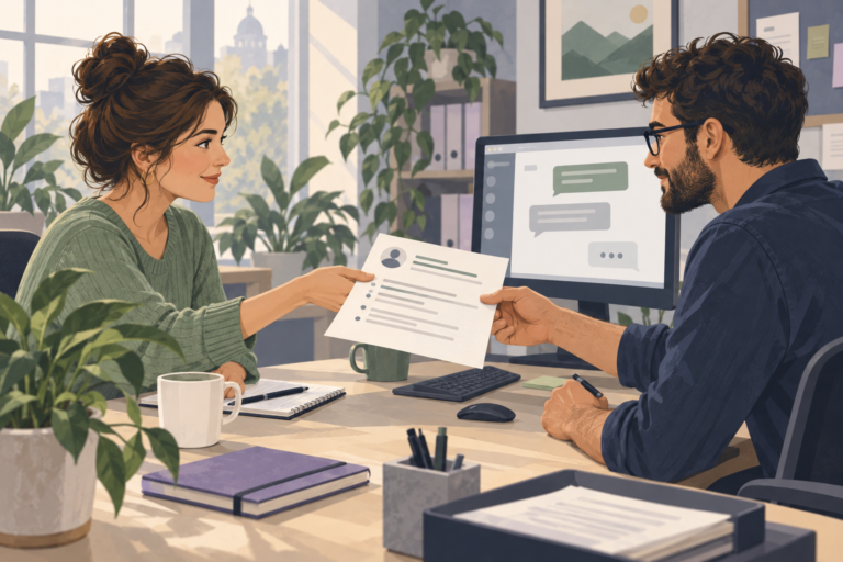 Illustrated support colleagues handing over a case summary