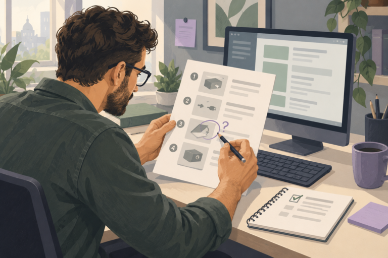 Illustrated support specialist checking and correcting a printed instruction