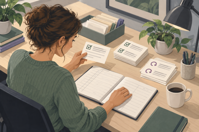 Illustrated support analyst comparing case outcomes with an open ledger