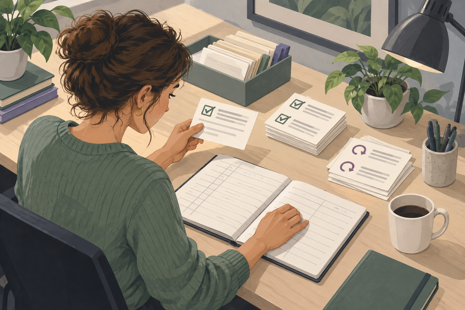 Illustrated support analyst comparing case outcomes with an open ledger