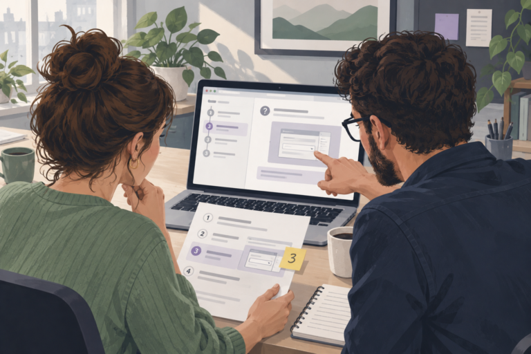 Illustrated colleagues reviewing a product help step together