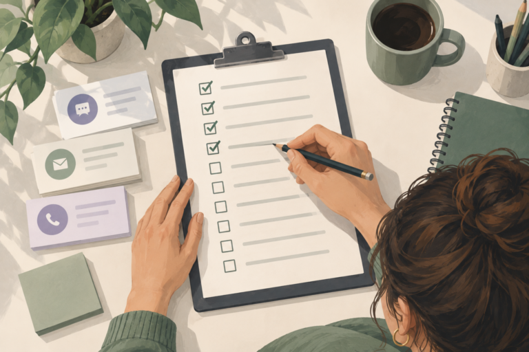 Illustrated hand reviewing a ten-row support automation checklist
