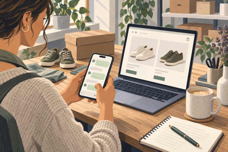 Illustrated shop owner answering a messaging phone beside a footwear catalog