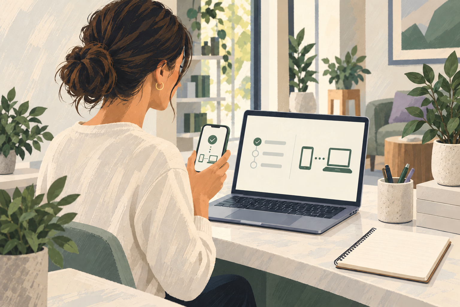 Illustrated business owner connecting a phone to a laptop assistant