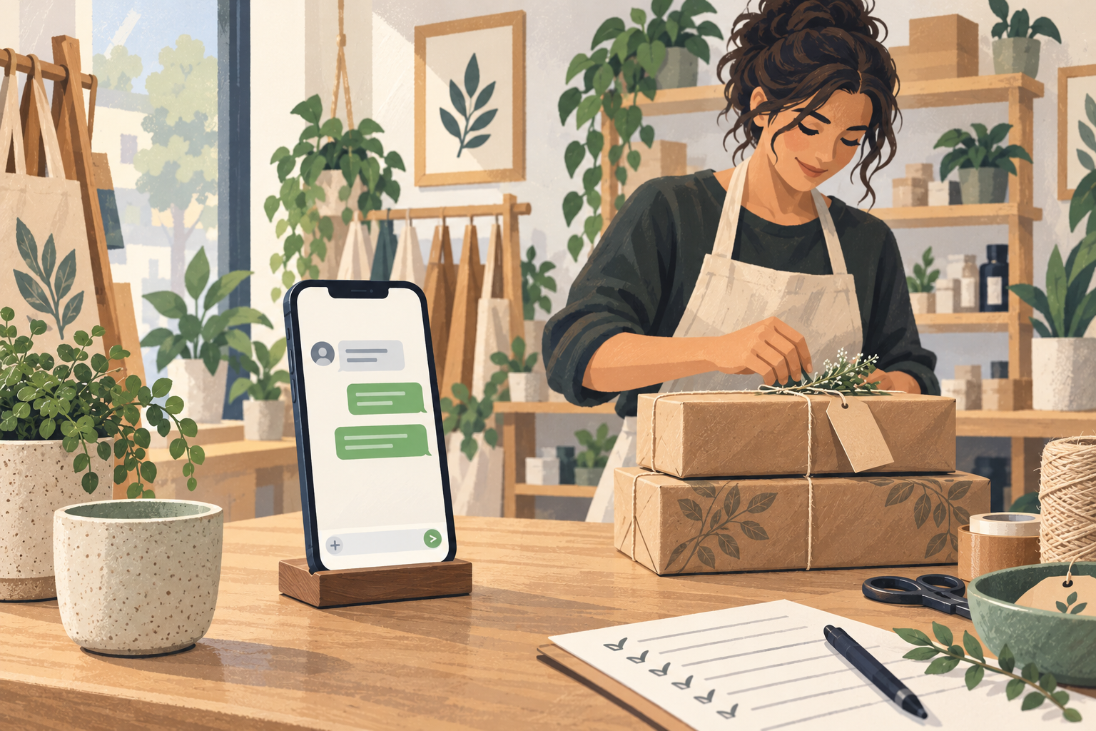 Illustrated shop worker packing parcels beside a customer conversation
