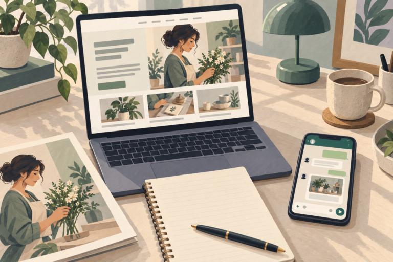 Illustrated website and business brochure beside a messaging conversation