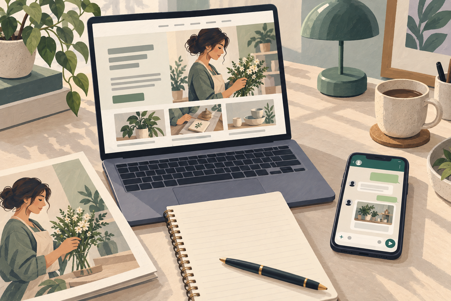 Illustrated website and business brochure beside a messaging conversation
