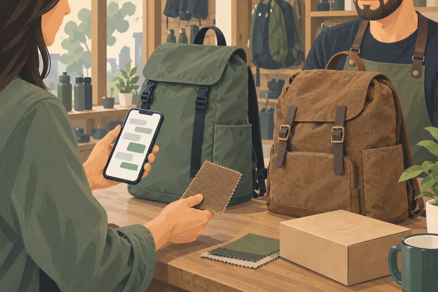Illustrated customer comparing backpack materials while messaging a retailer