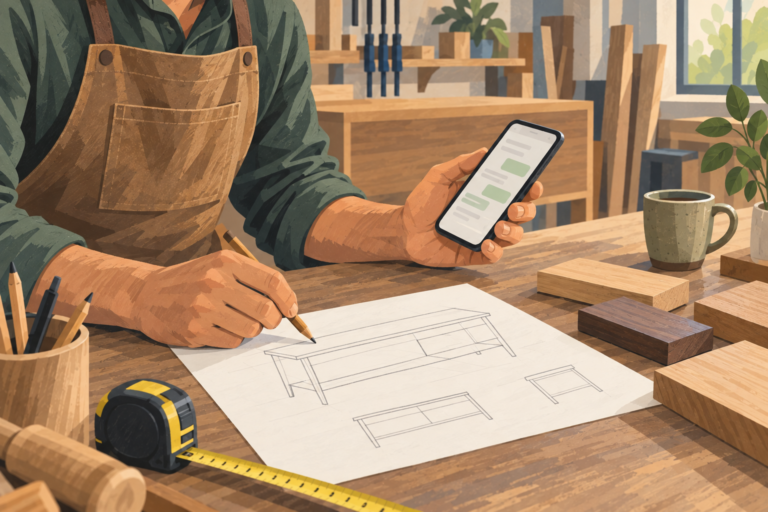 Illustrated carpenter recording a furniture enquiry with a phone and sketch
