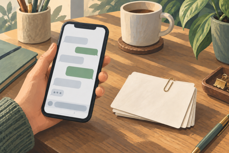 Illustrated hand holding a conversation phone beside reusable reply cards