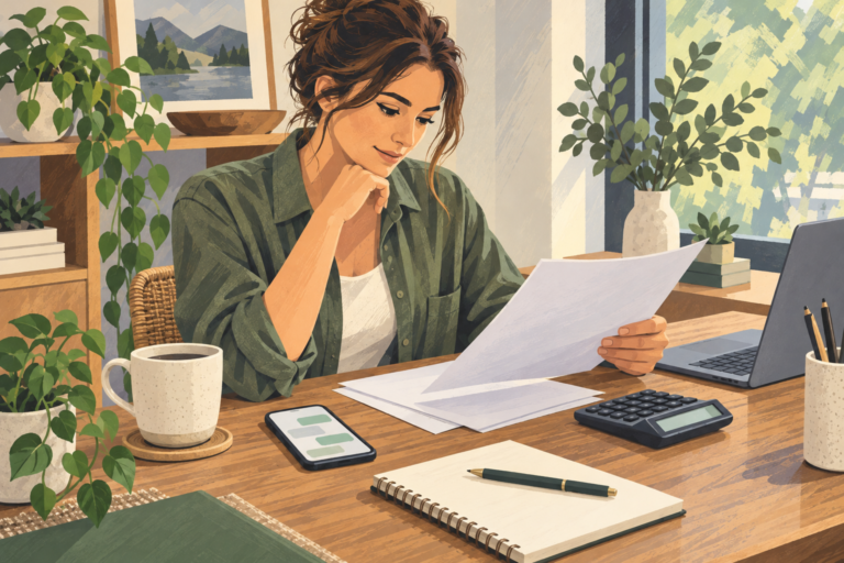 Illustrated business owner reviewing messaging costs with budget papers