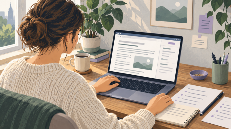 Illustrated business owner reviewing a blog draft and source notes at a laptop