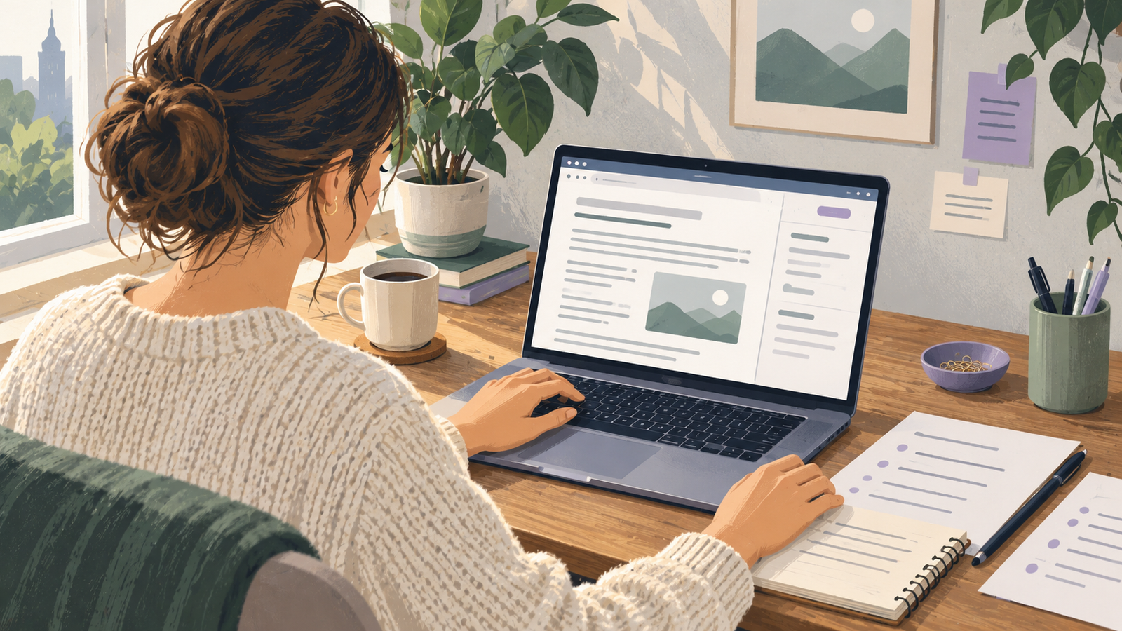 Illustrated business owner reviewing a blog draft and source notes at a laptop