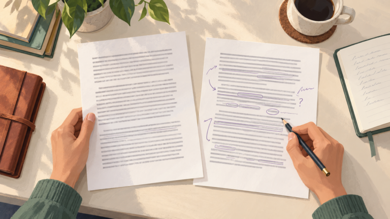 Illustrated hands editing two drafts with a pencil to clarify the wording