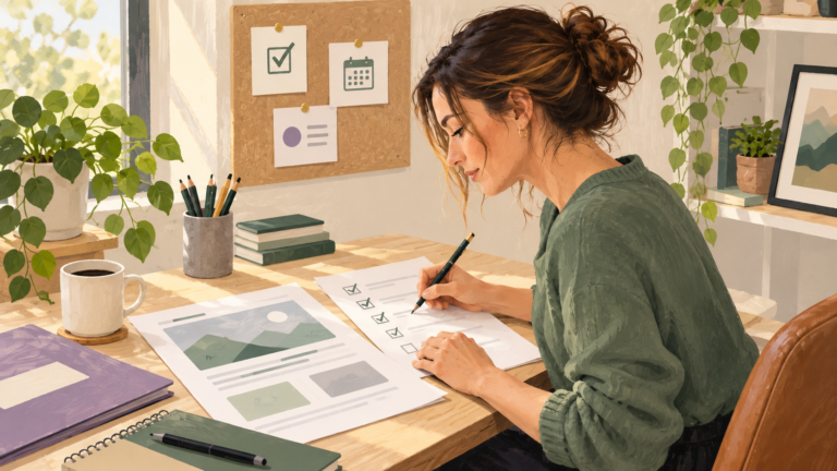 Illustrated service owner preparing a page layout from a service-scope checklist
