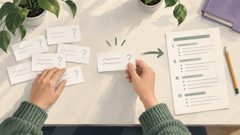 Illustrated hands selecting a customer-question card and shaping it into an article outline