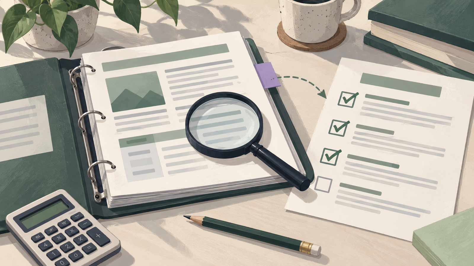 Painted source documents, claim checklist and calculator arranged for a factual review
