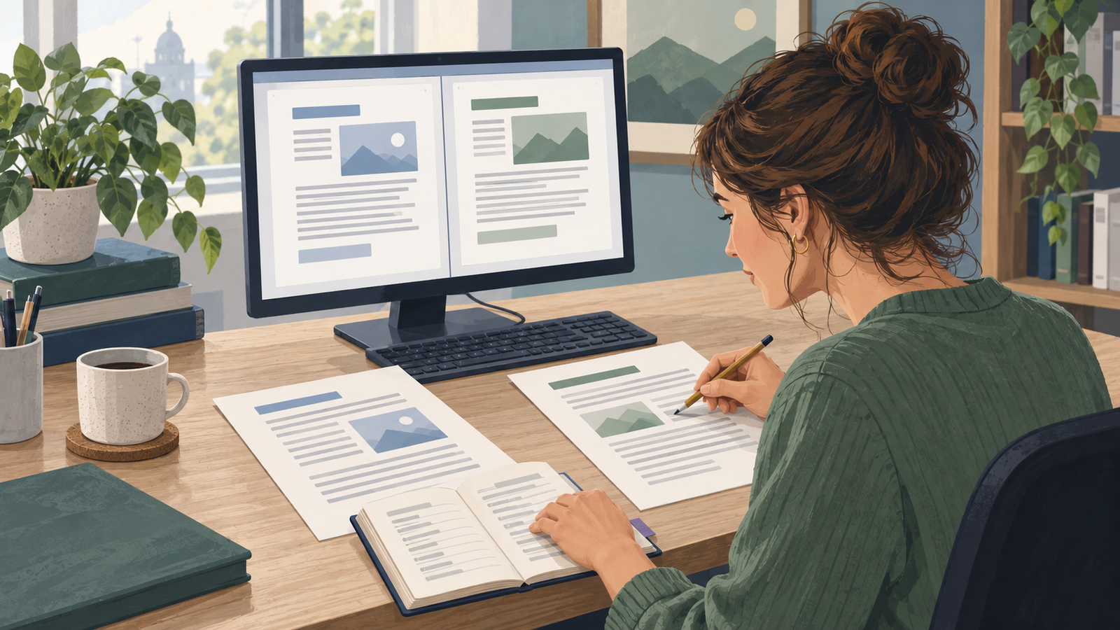 Illustrated language reviewer comparing website drafts with a glossary beside a monitor