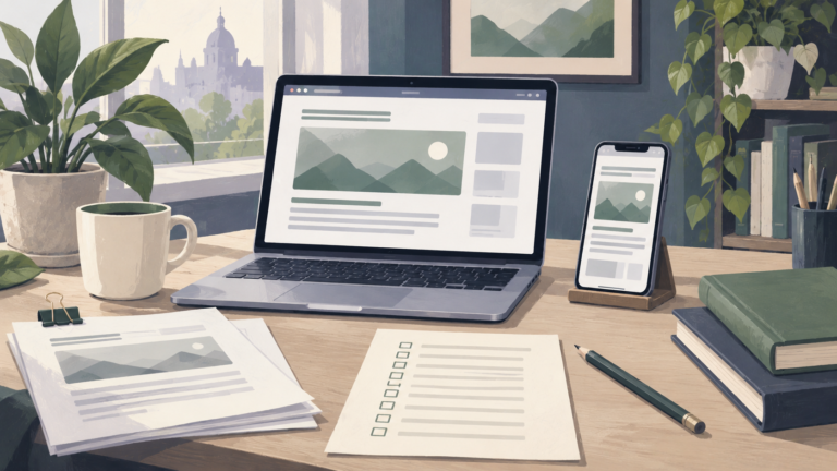 Painted laptop and phone previews beside a publication checklist and source papers