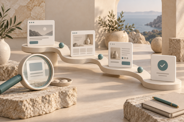 Conceptual website cards connected by a curved path, with a magnifying glass and a completed request card