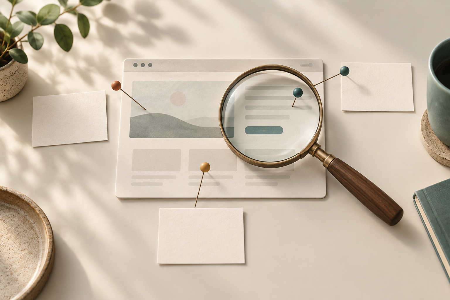 Conceptual website audit with a magnifying glass, annotation pins and blank evidence cards