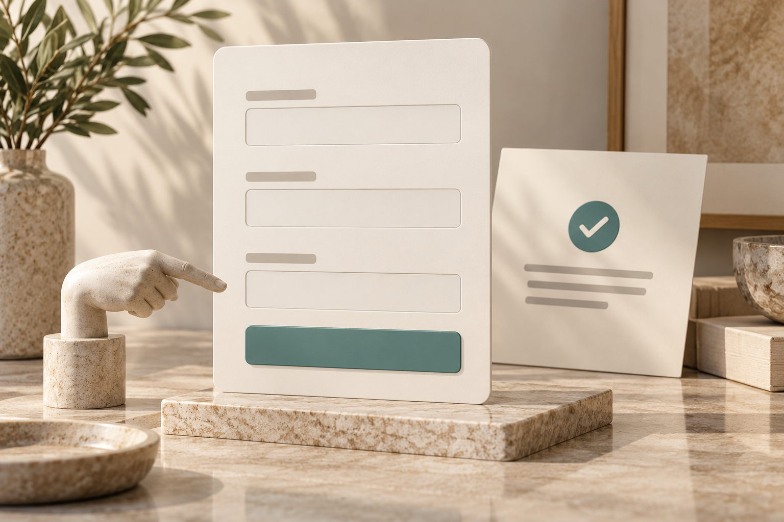 Conceptual three-field contact form with an action button and a completed request card