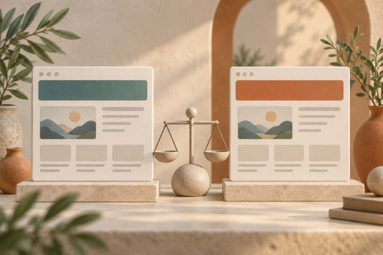 Two conceptual website versions with different heading bars beside a balanced scale