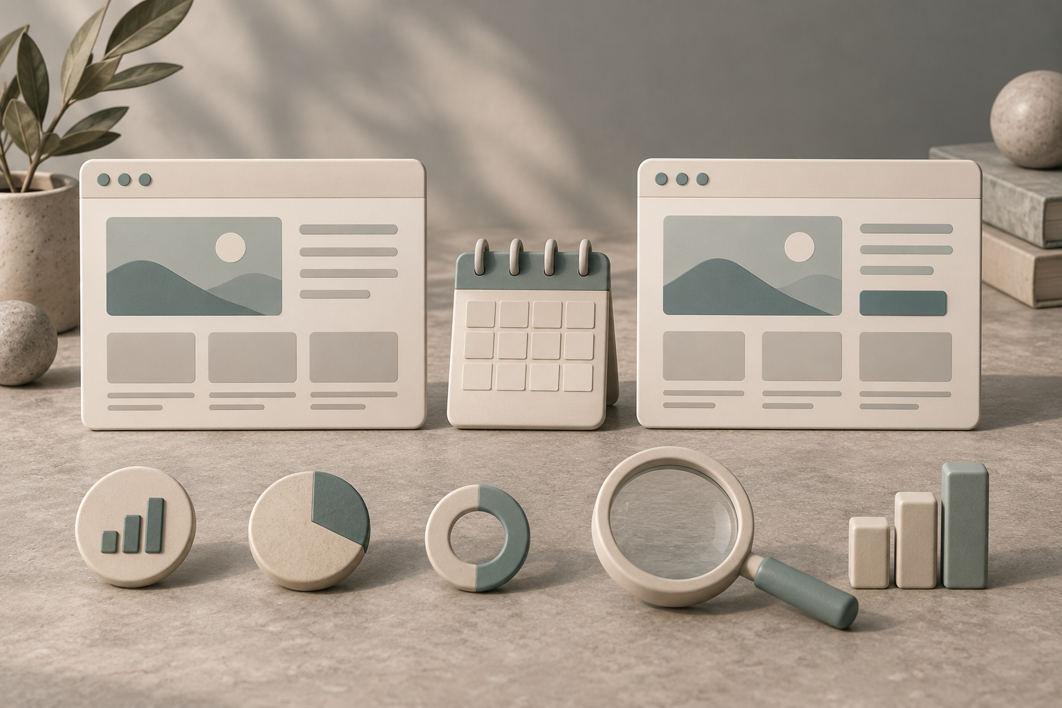 Conceptual website versions beside a calendar, measurement symbols and a magnifying glass