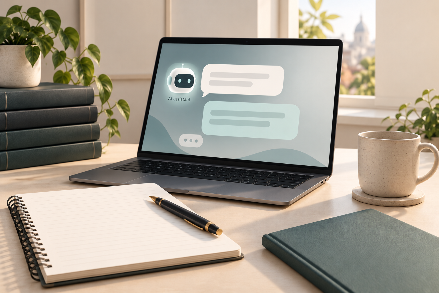 Conceptual illustration of a laptop labelled AI assistant beside a notebook for reviewing website rules