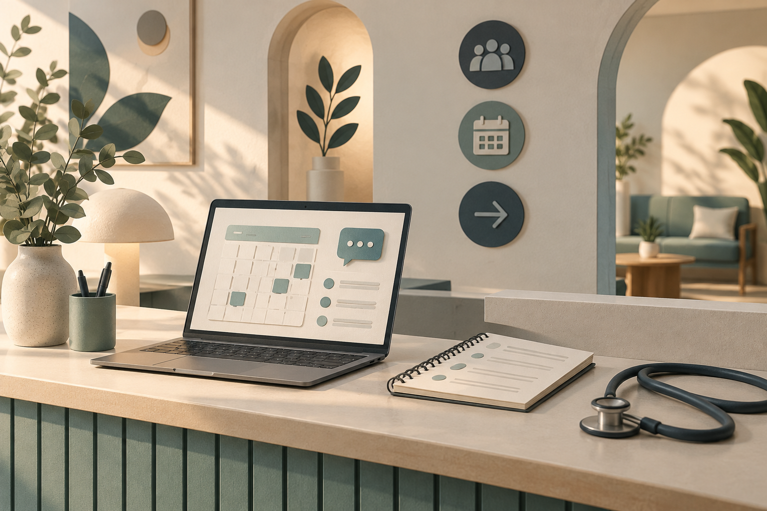 Conceptual clinic reception desk with a website calendar and chat beside an appointment notebook and stethoscope
