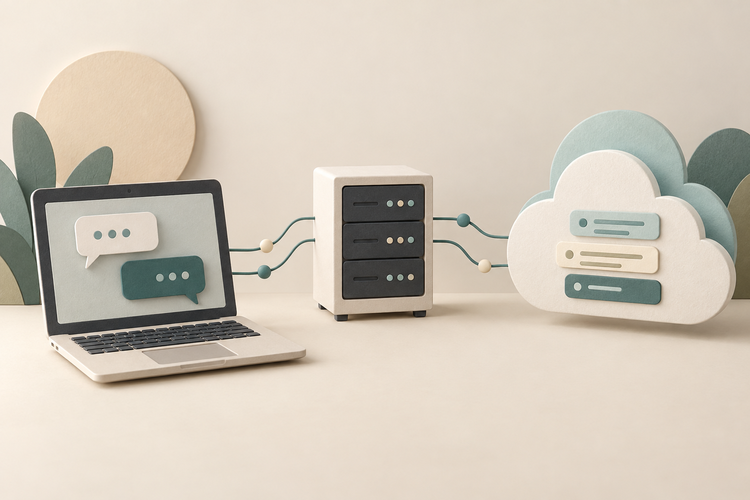 Conceptual website data map connecting a laptop chat, website storage and an external provider cloud