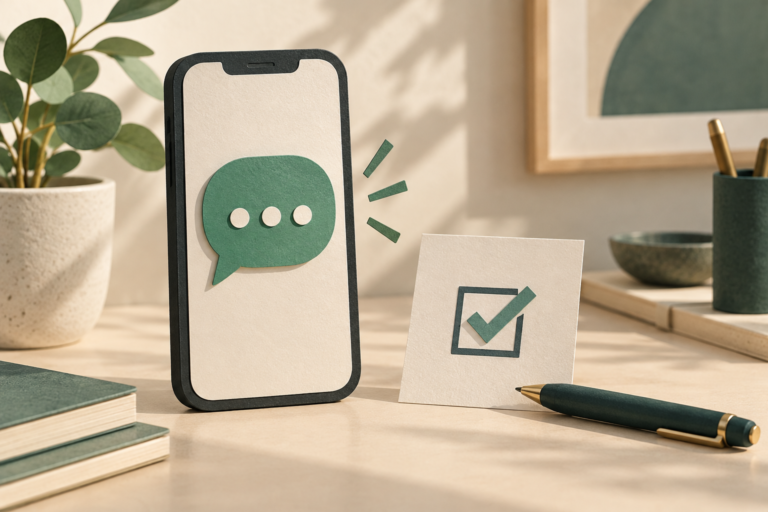 Conceptual smartphone with a messaging bubble beside a checked permission card and pen